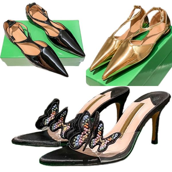 Sandales 5a chaussures de designer en cuir bout pointu chaussures de soirée papillon pantoufles à talons hauts en cuir verni chaussures habillées en plein air nouvelle mode talon plat sexy or noir