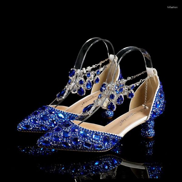 Sandales 5cm strass chaussures boucle talon rond bleu pointu cristal mariage danse sociale bal latin taille 35-43