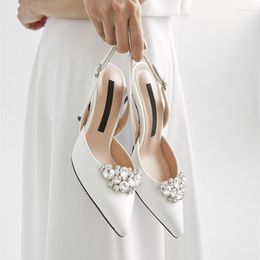 Sandales 6 cm mode Satin bout pointu avec strass talons hauts cheville Wrap blanc mariage mariée femmes chaussures 40 41