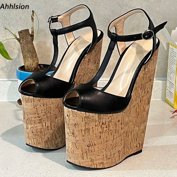 Sandalias Ahhlsion Mujeres hechas a mano Sandalias de verano Santos Correos Cojas de tacón alto Peep Toe Hermoso zapato de fiesta negro Damas Us Tamaño 415