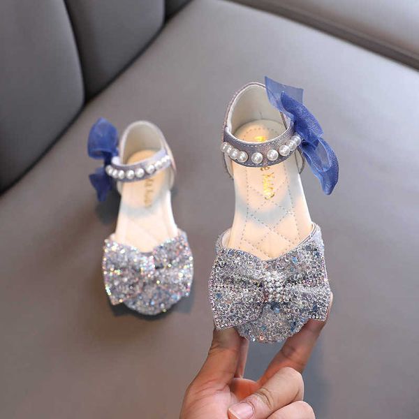 Sandalias AINYFU Sandalias de moda con lazo de lentejuelas para niñas de verano, zapatos planos de princesa con perlas brillantes para niños, sandalias de playa transpirables para niños lindos