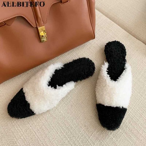 Sandales ALLBITEFO épais laine véritable hiver chaud tongs cuir de vache à l'intérieur de la mode sexy femmes talons femmes pantoufles chaussures à talons hauts 210611 Z230727