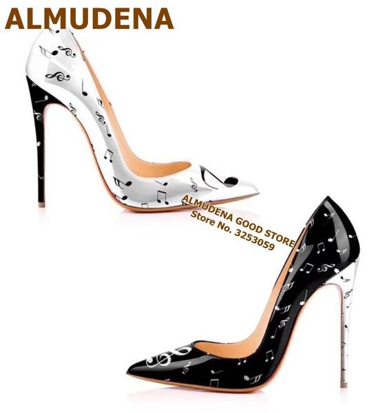 Sandales almudena notes de musique pirnted hauts blancs noirs couleur patchwork chaussures de robe pointues