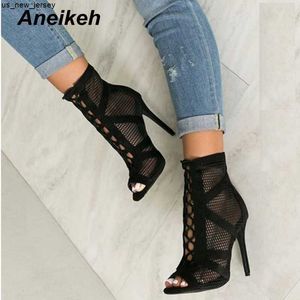 Sandalen aneikeh 2023 mode basische sandalen laarzen vrouwen hoge hakken pompen sexy holle out mesh veter-bot laarzen feestschoenen 35-42 j230518