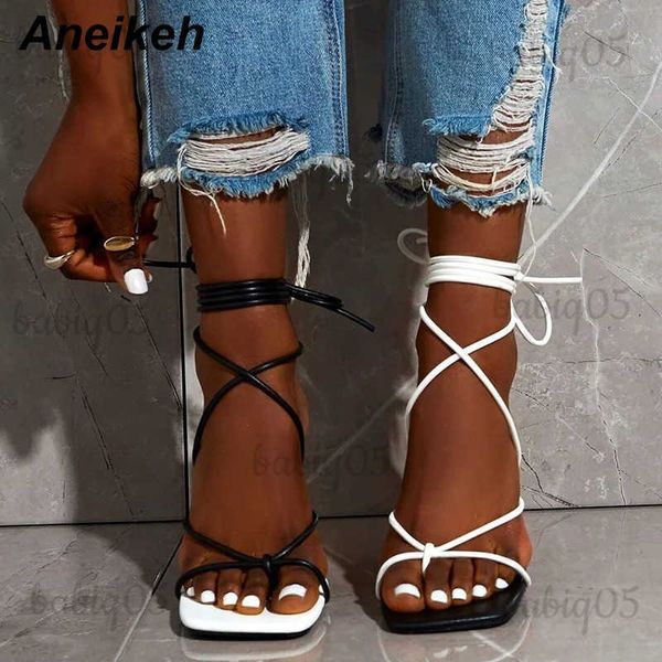 Sandalias Aneikeh 2023 Moda Sexy Lace Up Sandalias de mujer Punta cuadrada 9 cm Tacón fino Zapatos de fiesta atados cruzados Tacón alto Negro Blanco Tamaño 35-42 T240301