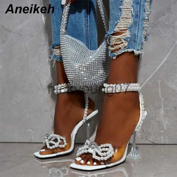 Sandales Aneikeh 2023 été blanc chaîne perle talons hauts chaussures de mariage papillon-noeud bande étroite talons fins bout carré sandales de fêteJ240122