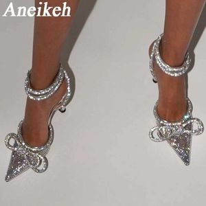 Sandales Aneikeh 2024 sandales talons femmes chaussures mode argent papillon-noeud bande étroite Bling croisé cristal bout pointu pompes 42 J240126