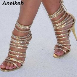 Sandales Aneikeh Bling or cristal sandales fines bretelles gladiateur sandale chaussures talon aiguille pompes de mariage strass Cage sandale G230211