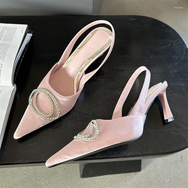 Sandalias Aneikeh Fashion Silk Decoración de diamantes puntiagudas El 2024 Summer Slingback High Tels zapatos Pombas Mulas