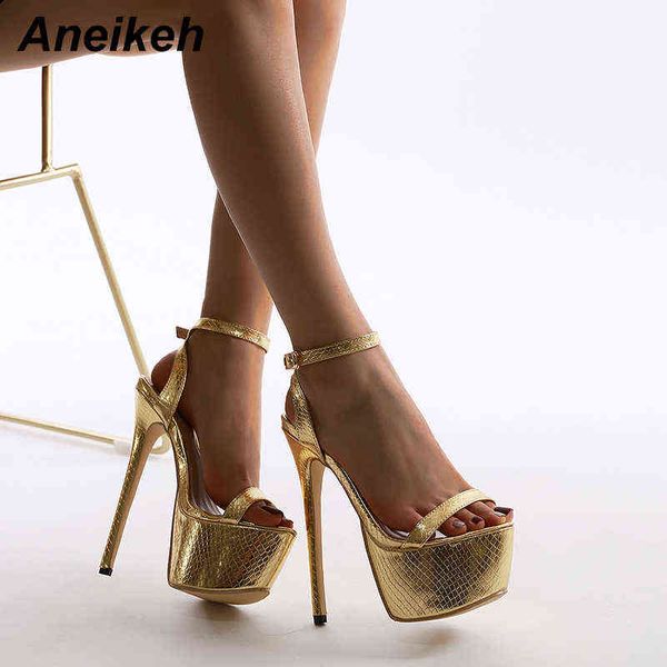 Sandálias Aneikeh NEW Sexy Women Bling Golden PU Peep Toe Stripper Salto Alto Moda de Verão Fivela Strap Salto Fino Slides 220121