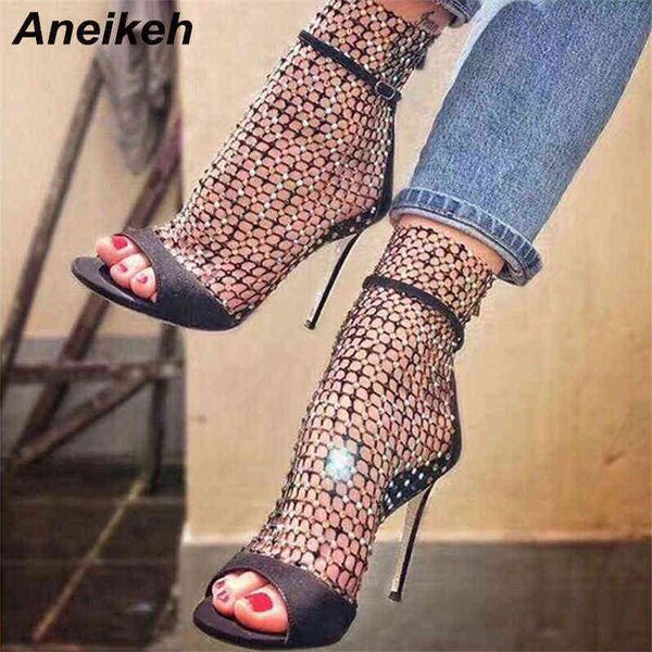 Sandalias Aneikeh NUEVO Verano Glitter Gladiador Malla de aire Zapatos sexy Mujer Tacón alto Peep Toe Stripper Cremallera Fiesta Tacones finos Bombas 220121