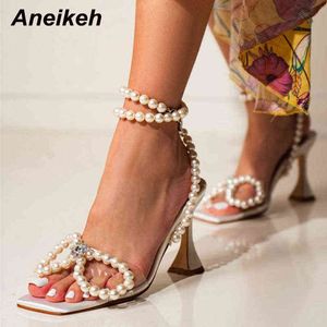 Sandales Aneikeh Sexy Pvc papillon-noeud cristal femmes été élégant talon aiguille chaîne perle chaussures boucle sangle doux 220331