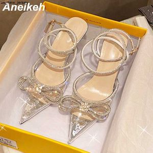 Sandales Aneikeh printemps / automne 2023 chaussures pour femmes mode papillon-noeud bande étroite Bling Patchwork cristal à bout pointu pompes J230518