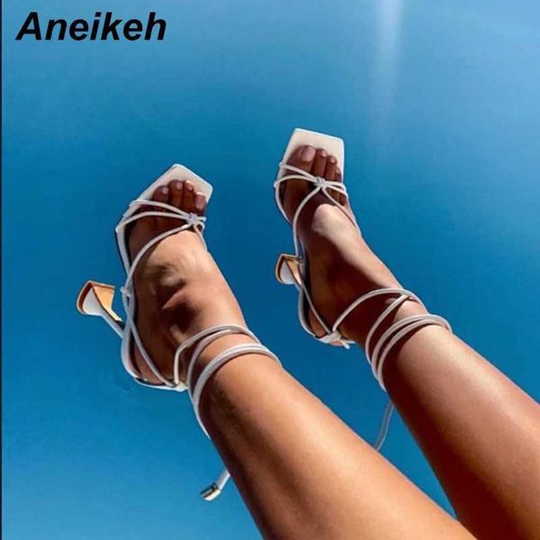 Sandales Aneikeh été femme chaussures sandales basique Pu mode croisé talons pointus à lacets pompes de fête taille 35-42 noir blanc abricot J240126
