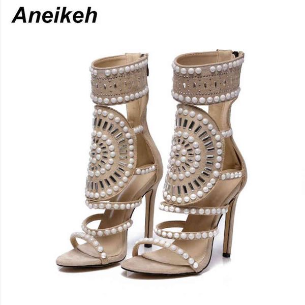 Sandales Aneikeh Femmes Mode Bout Ouvert Strass Conception Sandales À Talons Hauts Cristal Cheville Wrap Glitter Diamant Gladiateur Noir Taille 35-42 220121