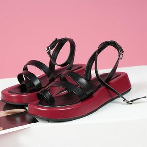 Sandalen enkel kruisband slippers vrouwen echte lederen plat met string gladiator vrouwelijke open teen platform pompen casual shoessandals