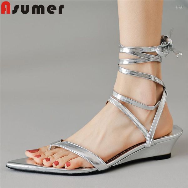 Sandalias Asumer 2023 Cuero genuino Slingbacks Top Venta Damas Lace Up Party Mujeres Cuñas Med Tacones Zapatos