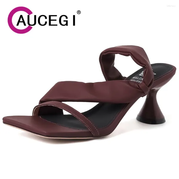 Sandalias Aucegi Slim Wine Red Banda estrecha Mujer Zapatilla Mujer Square Pinch Toe Tacón de forma especial Vestido de fiesta Todos los zapatos de partido