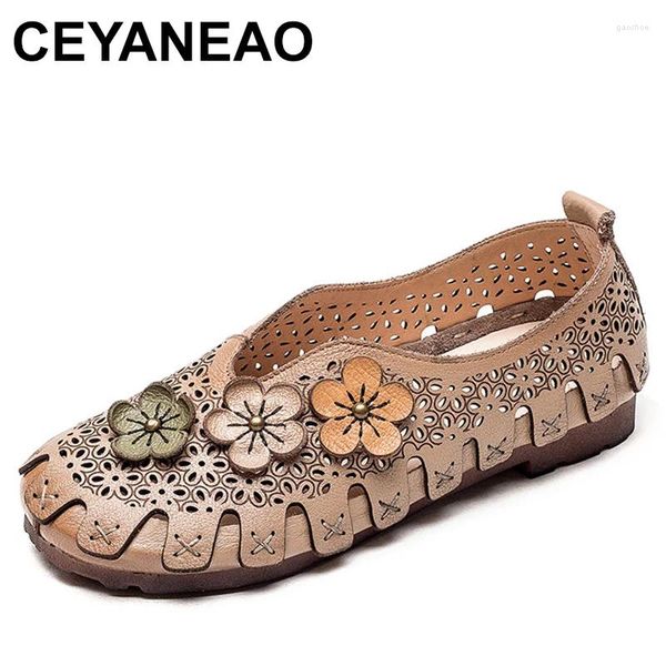 Sandals Ballet Flats Women 2cm Loafer Genuine Leather Slip On Appliques Diseñador Damas Moda cómoda zapatos huecos de verano