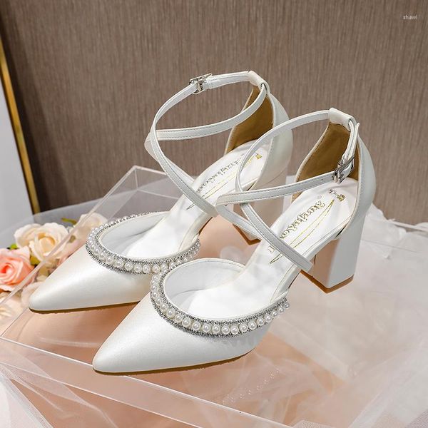 Sandalias BaoYaFang, zapatos de boda blancos para novia, zapatos de mujer con hebilla de tacón grueso, vestido de fiesta de cristal, zapatos de tacón alto con correa en el tobillo, zapatos de moda