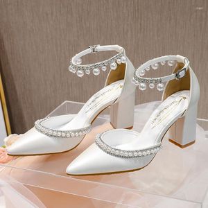 Sandales BaoYaFang blanc talon épais mariée chaussures de mariage femme boucle cristal robe de soirée gland pompes hautes bride à la cheville mode