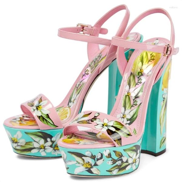 Sandales belles fleurs imprimement femme carré chaussures à talons hauts