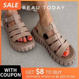 Sandals Beautoday 211 Platform Women Open Toe Slingback Buckle Buckle Riem echt leer Casual Outdoor Summer vrouwelijke schoenen 38201 230807 C