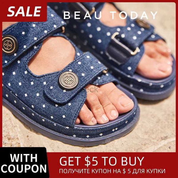 Sandals beautoday loisir sandals femmes denim blue polka point crochet et bouton de boute