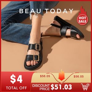 Sandalias BeauToday Mujer Cuero de vaca genuino Metal Detalle Hebilla de tobillo Correa Verano Playa Señoras Zapatos de tacón bajo Hecho a mano 38128 230512