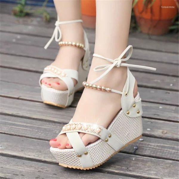 Sandalias Beige Tobillo Tacones con tiras Plataforma de diamantes de imitación Cuñas Zapatos Mujer Casual Vacaciones Comodidad Con cordones Negro