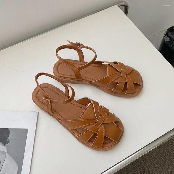 Sandalias Beige Tacón Plano Zapatos De Verano Mujer Hebilla Correa Transpirable Negro Sin Cerrado Gladiador Chicas Confort Retro Moda