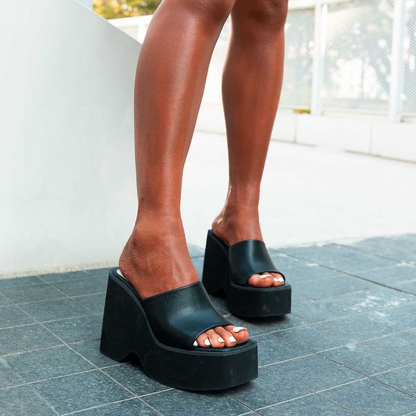 Sandales Grande taille 43 été noir blanc mules à talons épais talons hauts loisirs à la mode plate-forme sandales à talons compensés chaussures pour femmes 2022 T221209