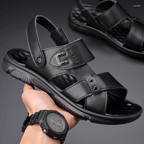 Sandalias Big Wharf Layer Cuero de vaca Suela blanda Zapatos de playa Hombres Zapatillas de verano de cuero genuino J-D08