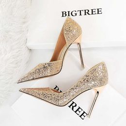 Sandalen bigtree dames bruiloft pompen glitter goud hihg hakken elegant vrouw feest 2022 luxe hakken schoenen pailletten stiletto's maat 34-43 g230211