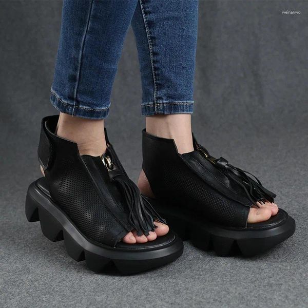 Sandales Birkuir évider plate-forme pour femmes en cuir véritable bout ouvert chaussures de plage d'été frange appartements talons épais dames
