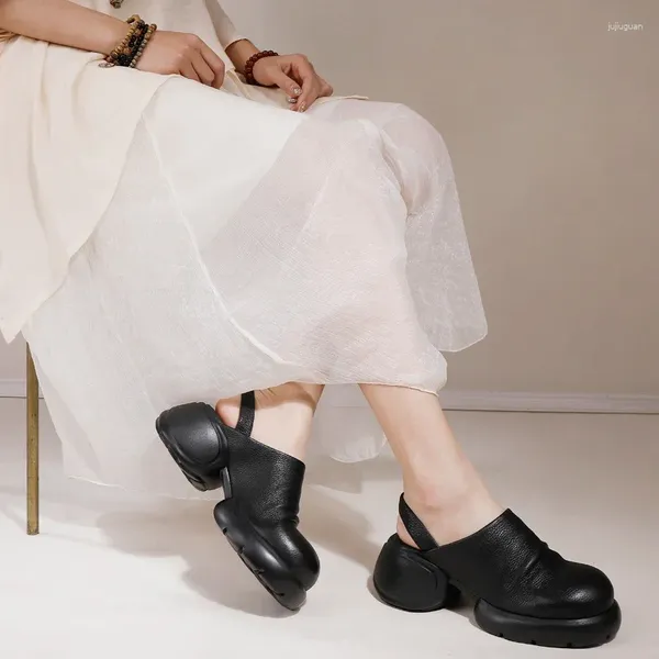 Sandales Birkuir rétro en cuir véritable talon épais pour femmes bout fermé 6.5cm haute diapositives luxe femme chaussure plate-forme