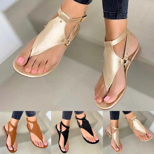 Sandalias negras/marrones/doradas para mujer, chanclas de verano para la playa al aire libre, zapatos planos de gladiador sólidos, zapatos informales para mujer