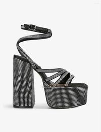 Sandalias de tacón grueso con plataforma gruesa de cristal negro para mujer, zapatos de vestir con correas adornadas impermeables con diamantes para mujer