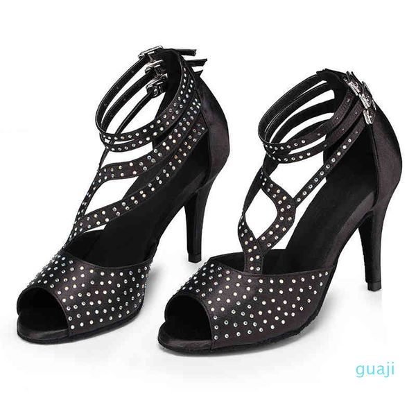 Sandales noires damassé à talons hauts, chaussures de danse standard national, sandales sociales en satin noir pour femmes adultes