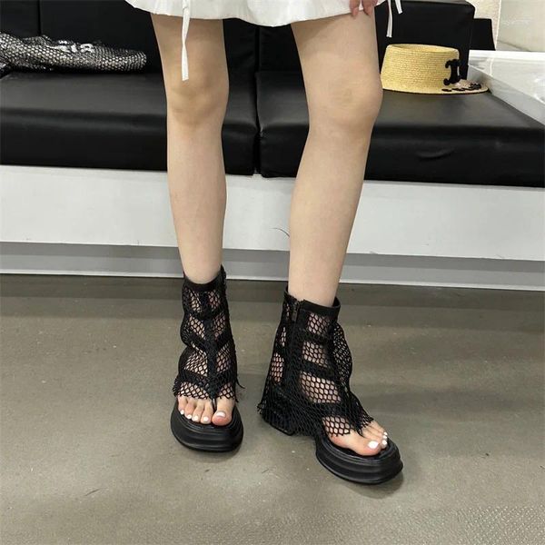 Sandals Black Flip Flops Ladies Plateforme Courne Femmes High Heels Punk Mesh Gladiator Summer High-Top Shoes Zapatos Chunky