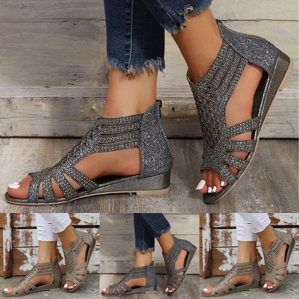 Sandalias negras para mujer, informales, de verano, con diamantes de imitación, zapatos de punta abierta, cuñas, sandalias de tiras para caminar, sandalias