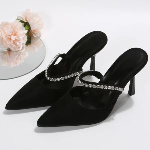 Sandalias Zapatos negros de tacón alto para mujer, zapatos de primavera para mujer, zapatos de tacón de aguja con punta en punta, zapatos de tacón con purpurina satinada, zapatos de tacón 230419