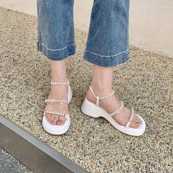 Sandalias Negro Tacón Bajo Cuña Mujer Perla Cadena Zapatos De Verano Confort Cuñas Plataforma Tacones Altos Dames Schoenen