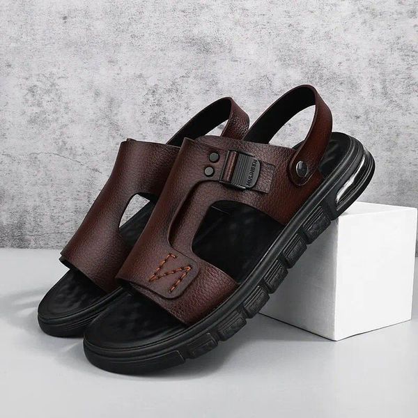 Sandales noires hommes chaussures en cuir vente imperméable à l'eau décontracté vache mâle doux hommes semelle plage pantoufles