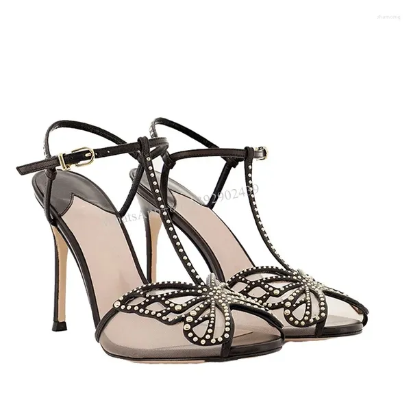 Sandales noires en maille diamant talon femmes perles papillon rose Stiletto Peep strass boucle arrière chaussures de mode élégantes