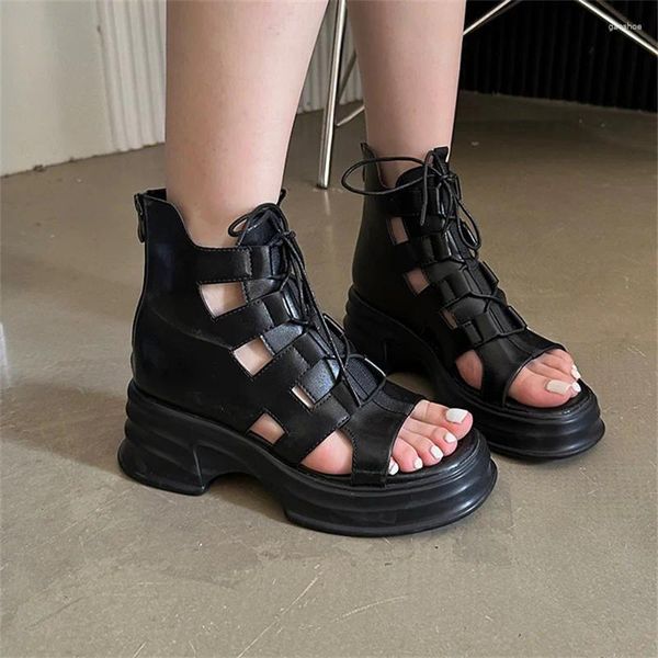 Sandalias Plataforma negra Mujeres Punk Lace Up Back Zipper Zapatos Verano Tacones altos Tobillo Sandalias Chunky Plataforma