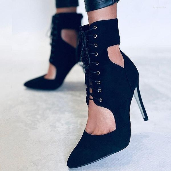 Sandales noires Stiletto évider bottes bout pointu à lacets gladiateur à talons sexy femmes automne cool robe de soirée chaussures décontractées