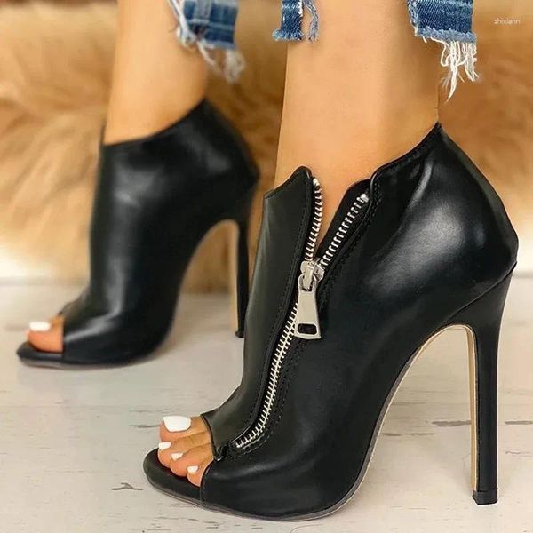 Sandales noires d'été à talons hauts, bouche de poisson, fermeture éclair, talon polyvalent, chaussures de fête Sexy pour femmes, grande taille