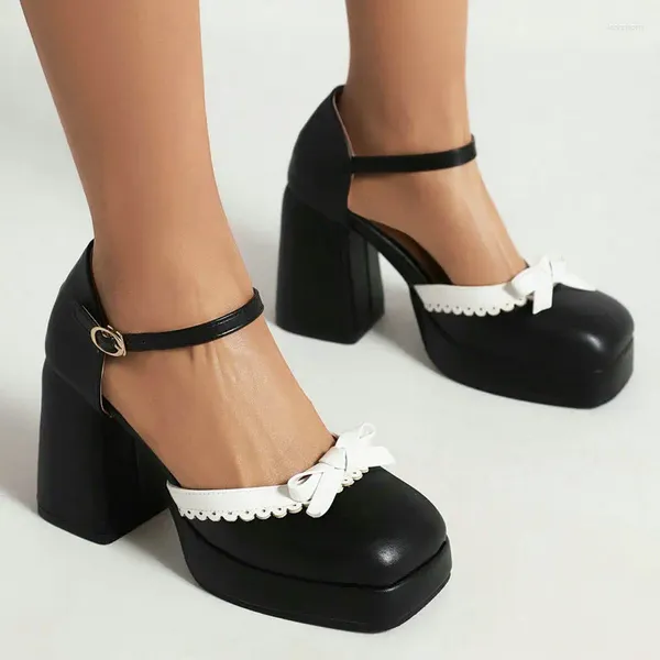 Sandalias Negro Blanco Contraste Color Corte láser Punta cerrada Vestido de mujer Bombas Tamaño pequeño 33 Tacones altos gruesos Plataforma Mary Janes