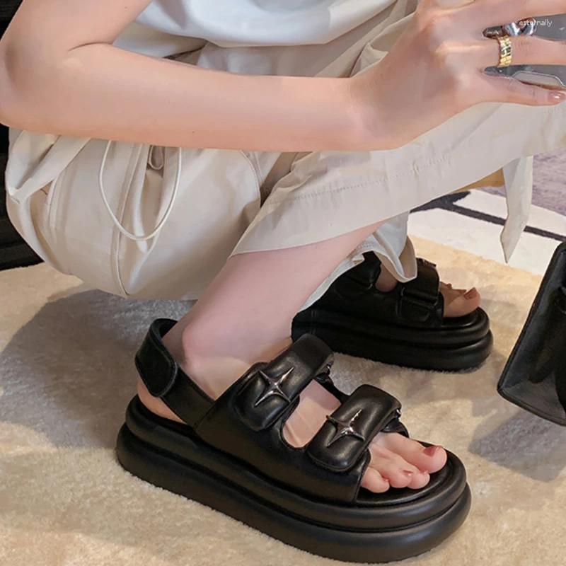 Sandals Black White Leather Zapatos Outdoor Beach Thick Sole Shoes Star Decorated Women One Line Strap Flats Summer Sapato